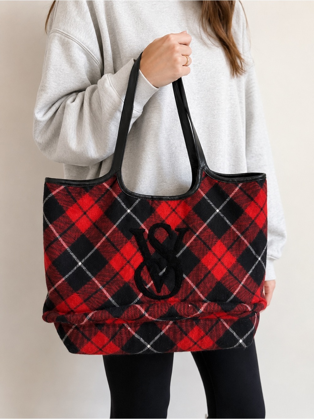 Victoria's Secret Red and Black Plaid Tote with Leather Handles